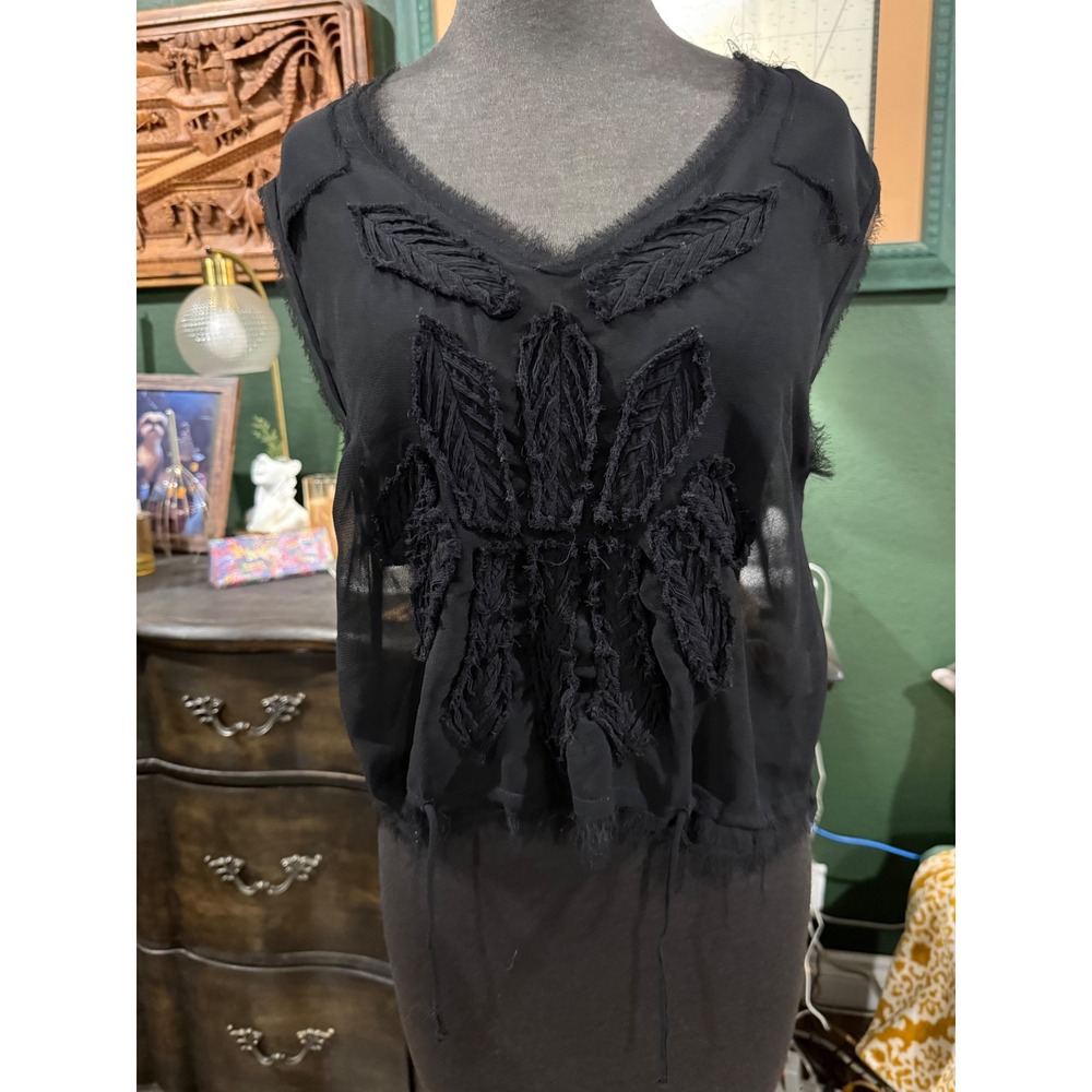 Free People‎ Black Sheer Embroidered Leaf Sleeveless Top XS Raw Hem Boho Mesh